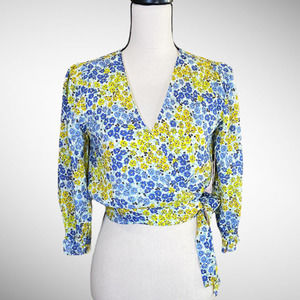 White, yellow and blue floral wrap top